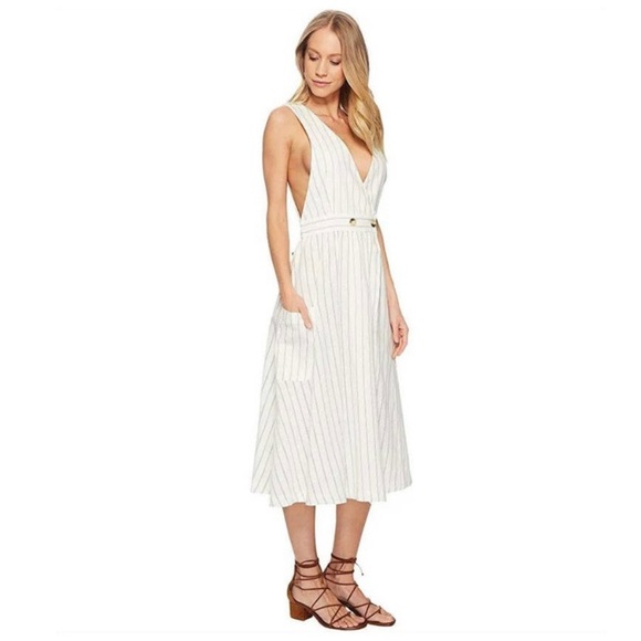 NEW Free People Diana Wrap Midi Dress Ivory Black Stripe Button Pockets Small - Picture 3 of 13